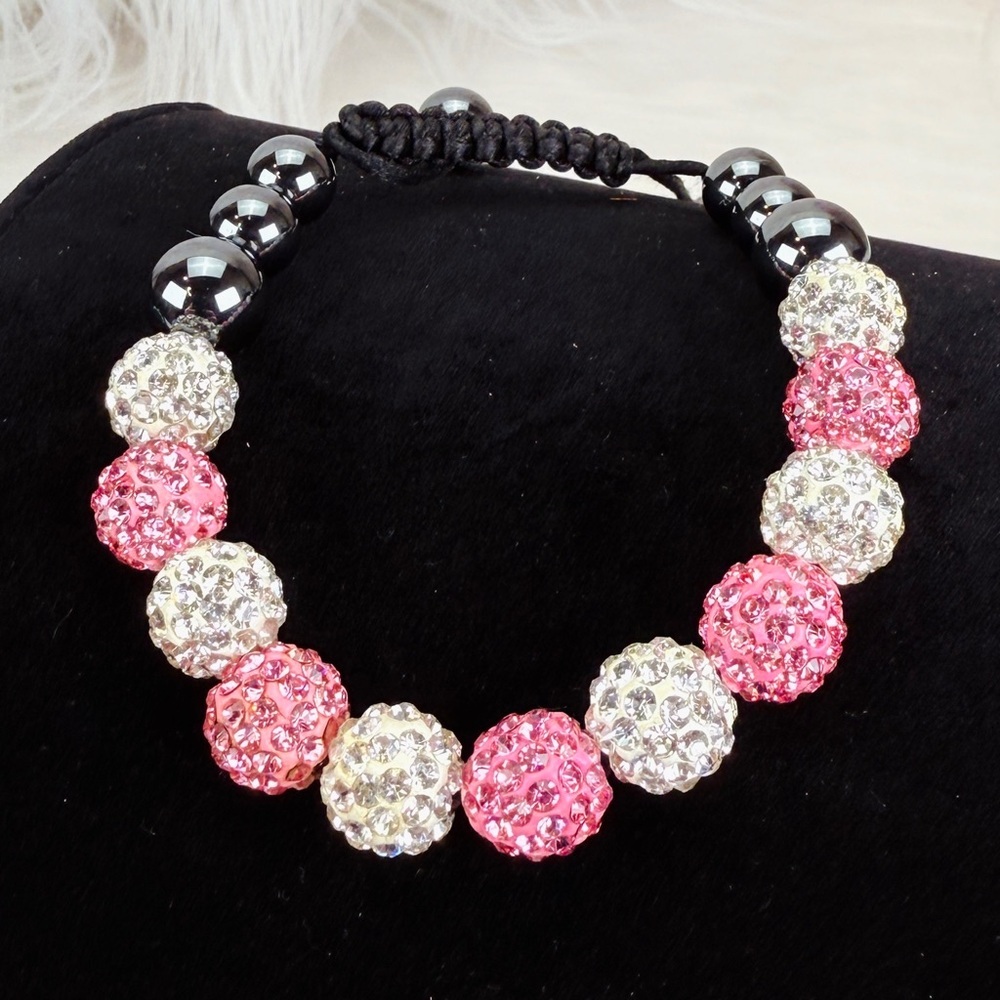 Pretty Silvertone, pink bling, hematite adjustable costume bracelet